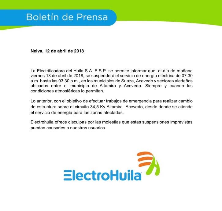 Por mantenimiento a subestación, suspenden servicio eléctrico en Altamira, Suaza y Acevedo 2