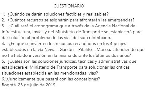 Debate en el Congreso por emergencia vial en el Huila y surcolombiano 2