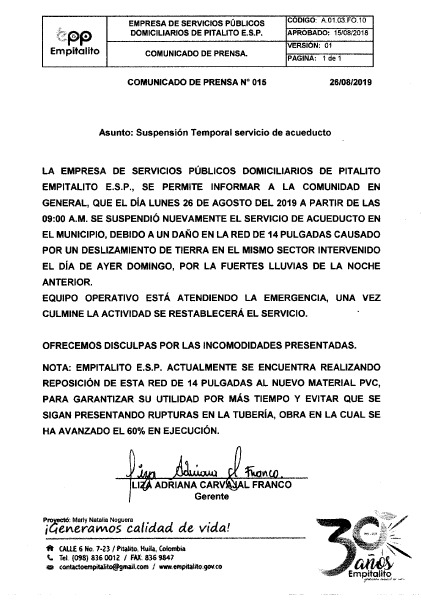 Daños en la red de conducción dejaron nuevamente sin agua a Pitalito 2