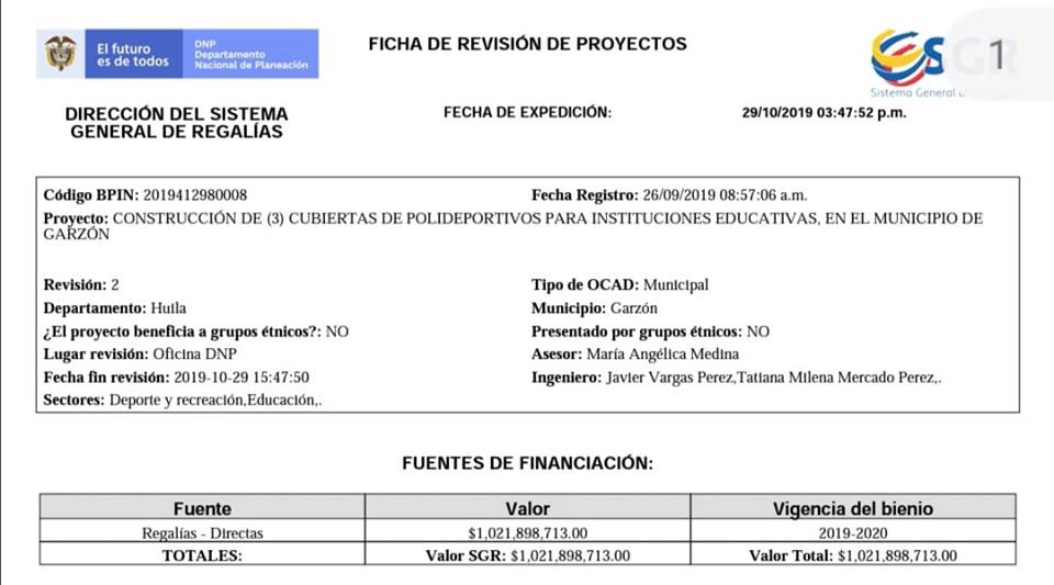 Millonaria inversión para construir cubiertas de polideportivos en Garzón 2
