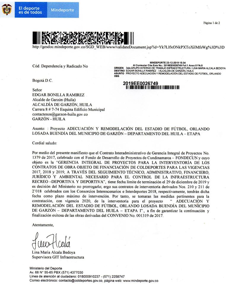 MinDeporte suspendió interventoría de la remodelación al estadio de Garzón 2