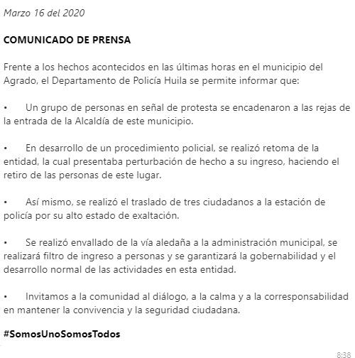 Doce lesionados deja choque entre el ESMAD y manifestantes en El Agrado 3