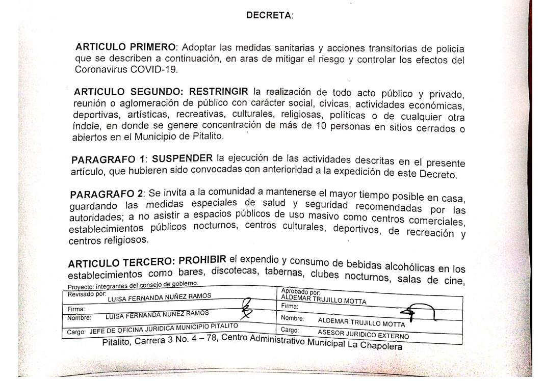 Drásticas medidas se adoptan en Pitalito a causa del COVID-19 1