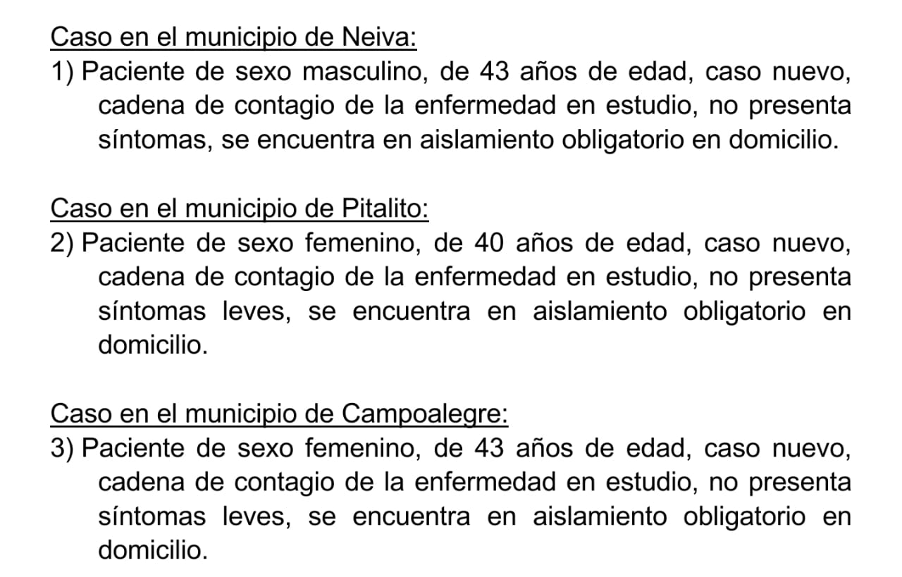 Tres nuevos casos de contagio por COVID-19 en el Huila 2