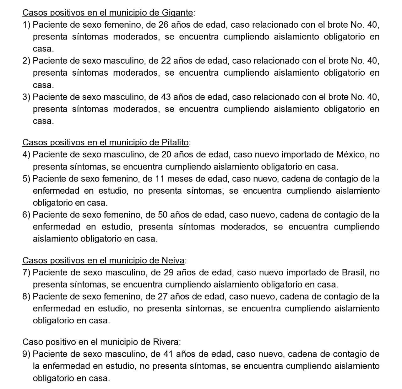 Nuevos contagios de coronavirus se reportaron en Neiva, Pitalito, Gigante y Rivera 2