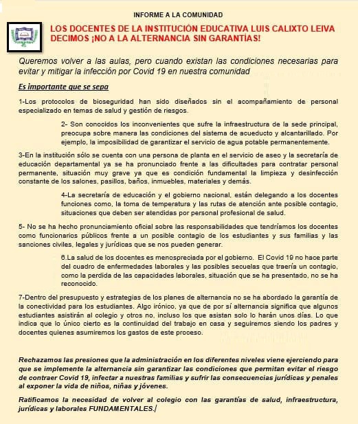Docentes de colegio en Garzón rechazan proceso de alternancia educativa 2