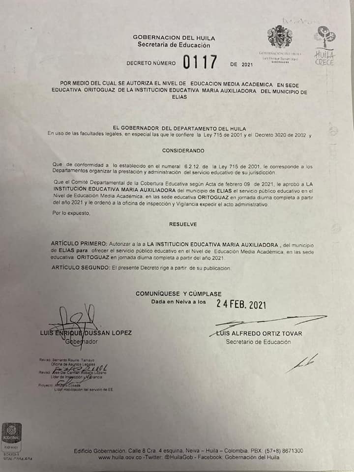 Colegio de Elías Huila fue habilitado para ampliar su oferta académica 2