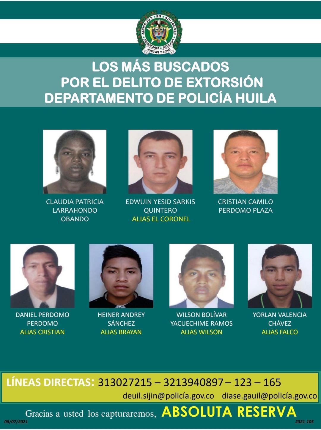 Presentan el cartel de los extorsionistas más buscados del Huila 2