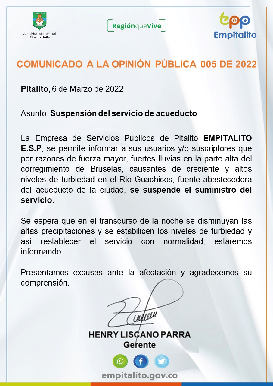 Fuertes lluvias causaron suspensión forzosa del suministro de agua en Pitalito 2