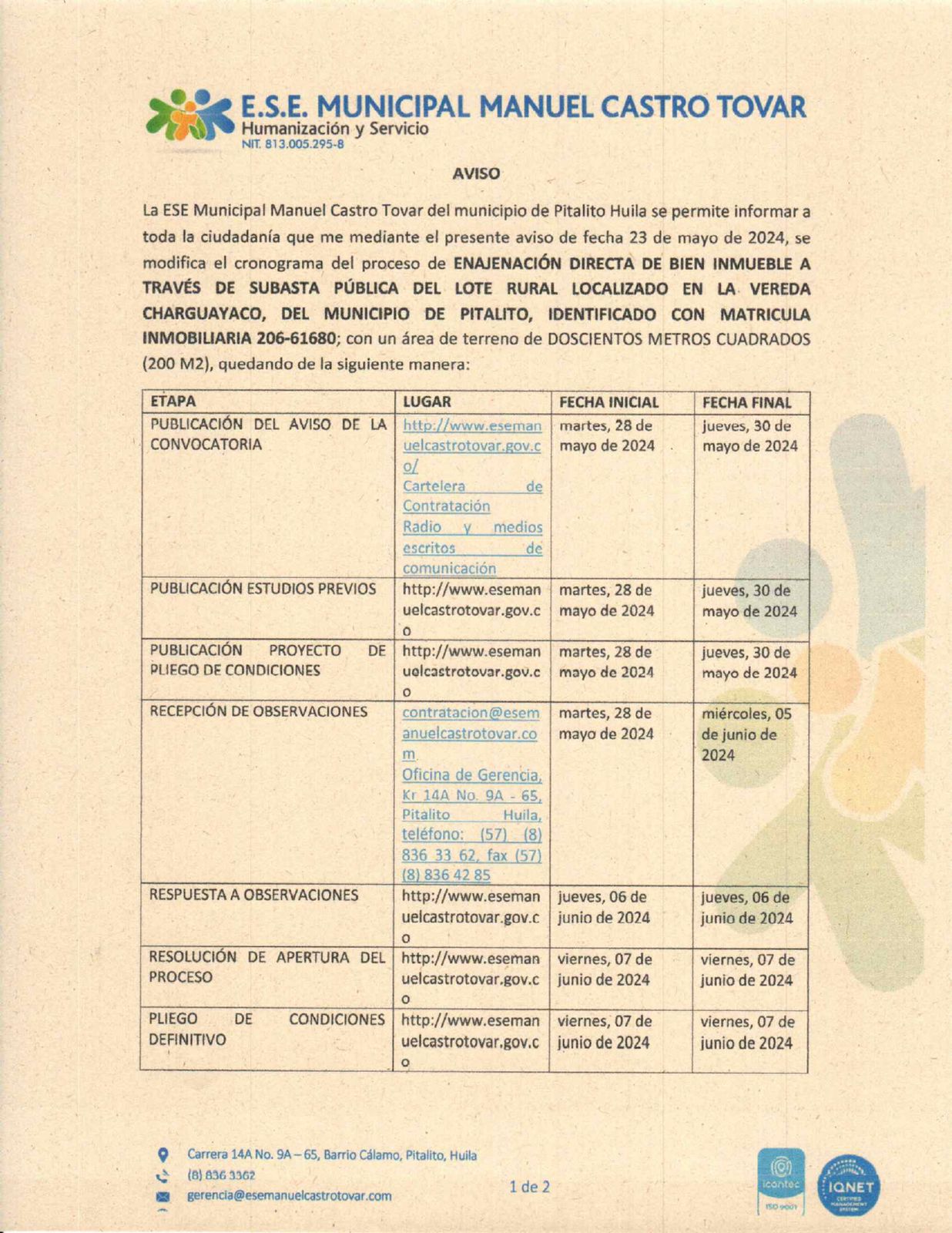 ESE Manuel Castro Tovar puso a la venta un predio en zona rural 2