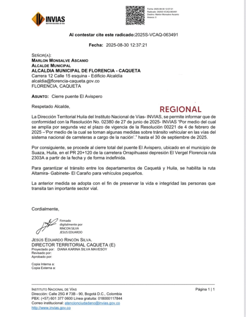 INVIAS ordenó cierre indefinido del puente El Avispero en Suaza 1