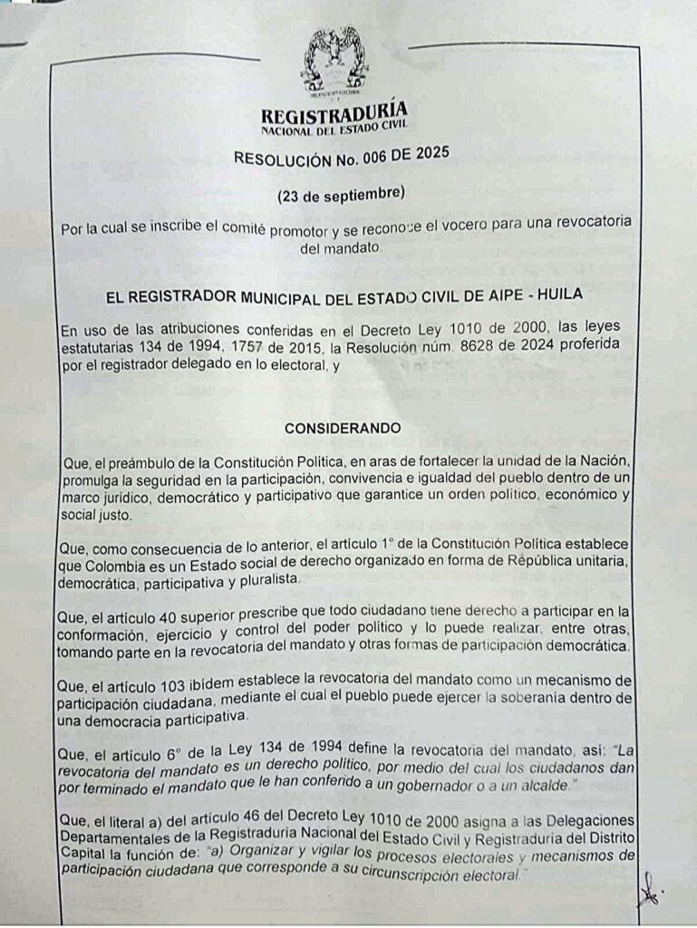 Avalan proceso de revocatoria del mandato contra el alcalde de Aipe 2
