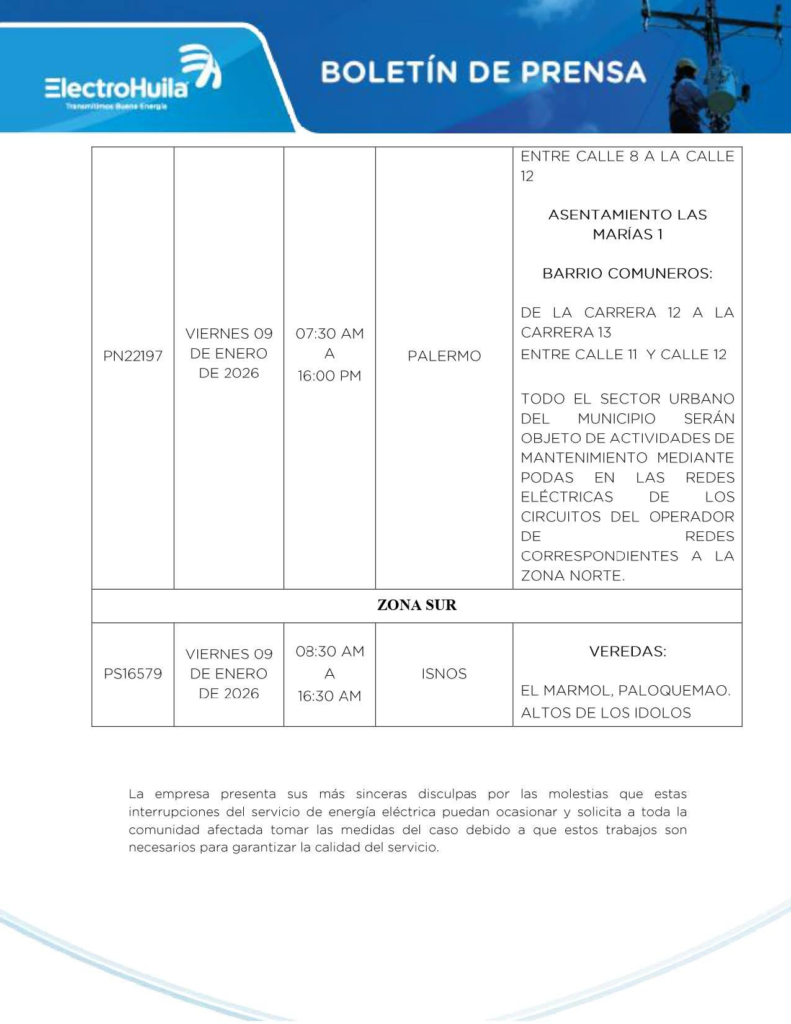Suspenderán el servicio de energía en varios municipios del Huila 11