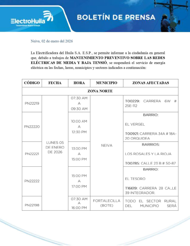 Suspenderán el servicio de energía en varios municipios del Huila 1