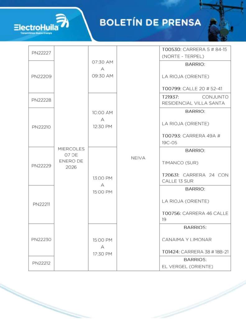 Suspenderán el servicio de energía en varios municipios del Huila 6