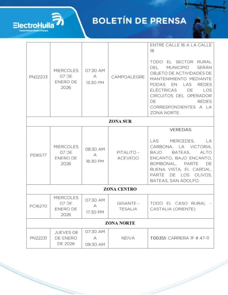 Suspenderán el servicio de energía en varios municipios del Huila 8