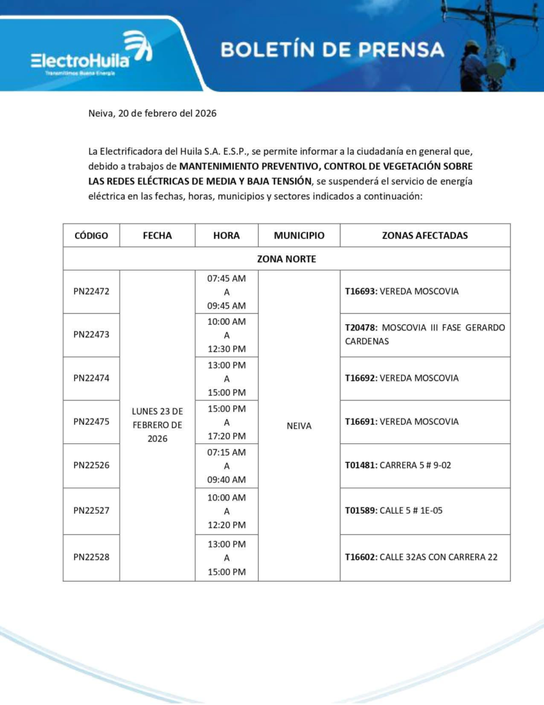 Suspenderán el servicio de energía eléctrica en municipios del Huila 1