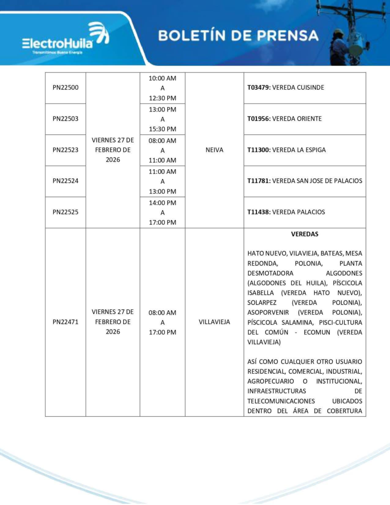 Suspenderán el servicio de energía eléctrica en municipios del Huila 10