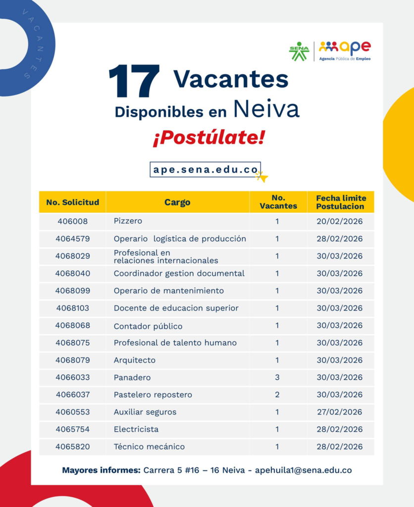 Abren más de 30 vacantes laborales en municipios del Huila 1