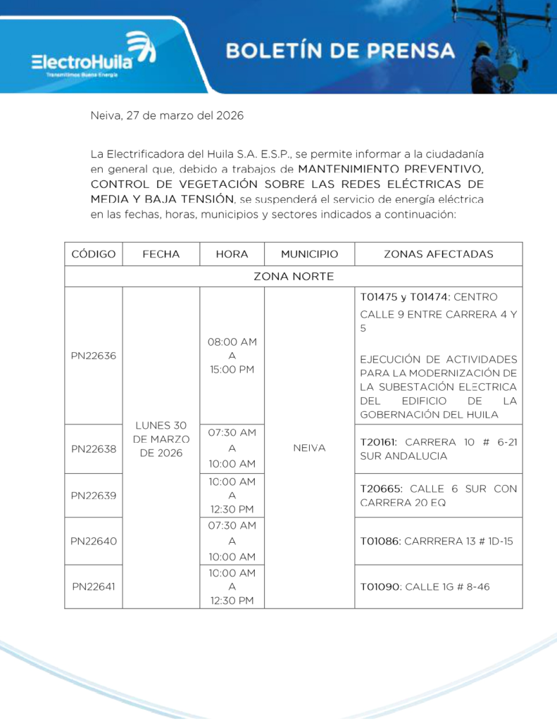 Suspensiones al servicio de energía eléctrica en municipios del Huila 1