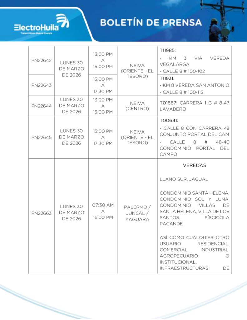 Suspensiones al servicio de energía eléctrica en municipios del Huila 2