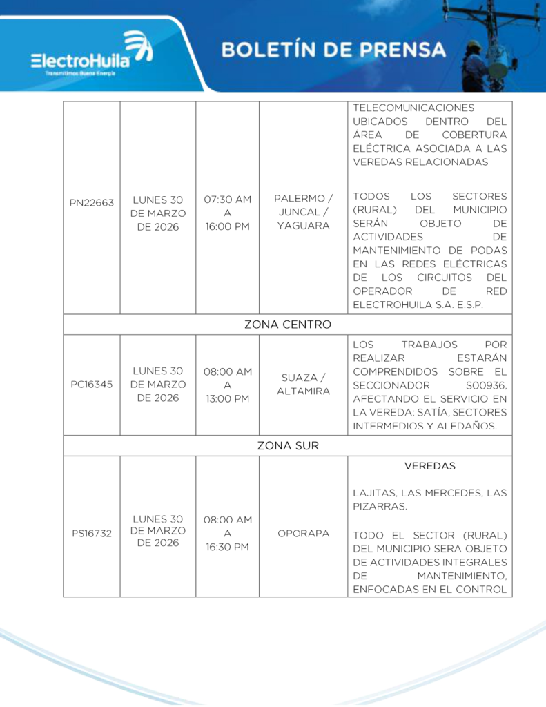Suspensiones al servicio de energía eléctrica en municipios del Huila 3