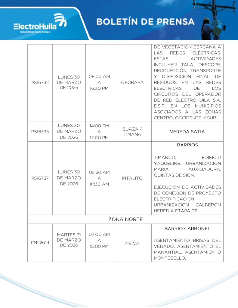 Suspensiones al servicio de energía eléctrica en municipios del Huila 4
