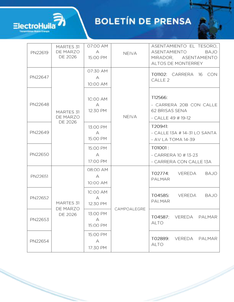 Suspensiones al servicio de energía eléctrica en municipios del Huila 5