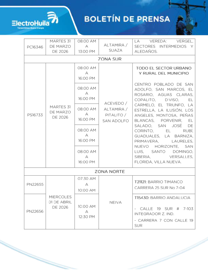 Suspensiones al servicio de energía eléctrica en municipios del Huila 7