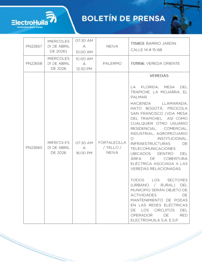 Suspensiones al servicio de energía eléctrica en municipios del Huila 8