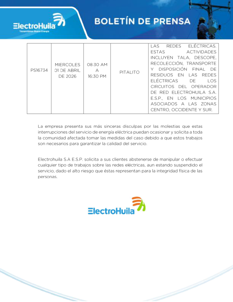 Suspensiones al servicio de energía eléctrica en municipios del Huila 10