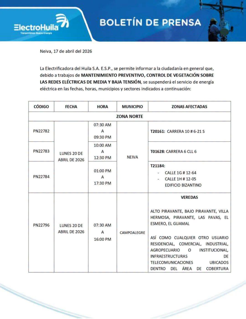 Varios municipios del Huila estarán sin servicio de energía eléctrica 1