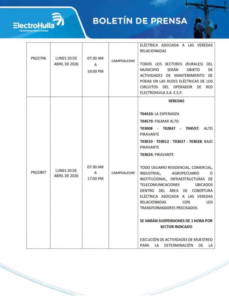 Varios municipios del Huila estarán sin servicio de energía eléctrica 2