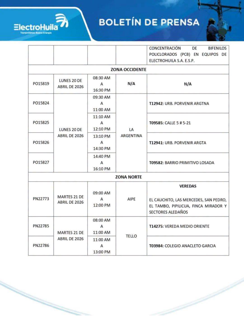 Varios municipios del Huila estarán sin servicio de energía eléctrica 3
