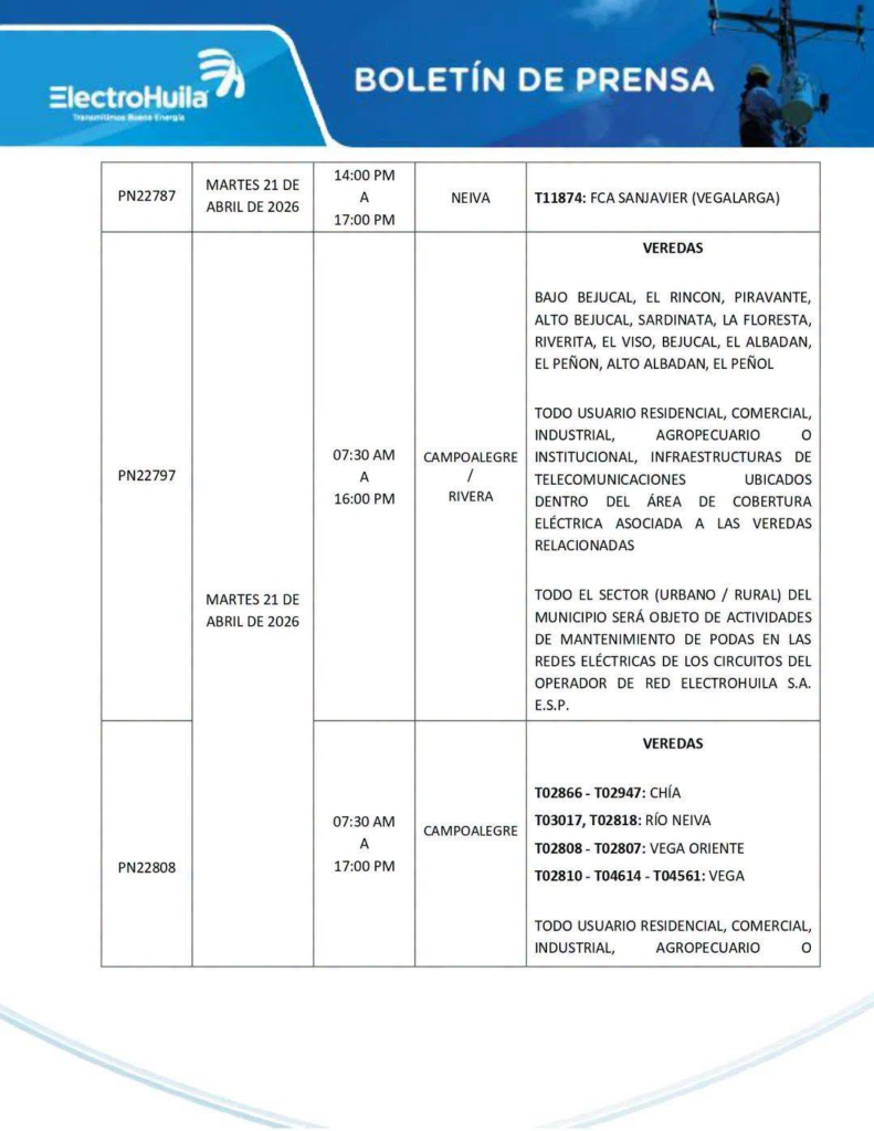 Varios municipios del Huila estarán sin servicio de energía eléctrica 4