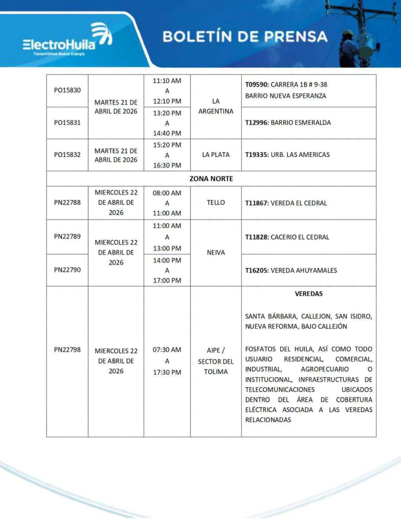 Varios municipios del Huila estarán sin servicio de energía eléctrica 7