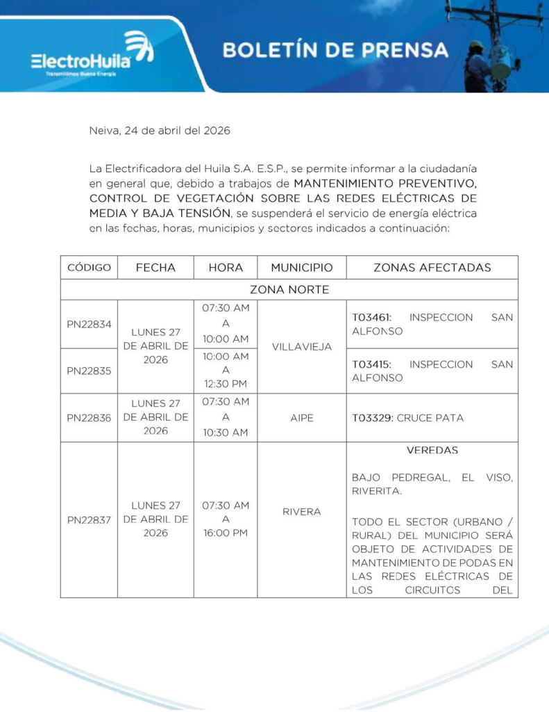 Suspenderán servicio de energía eléctrica en 16 municipios del Huila 1