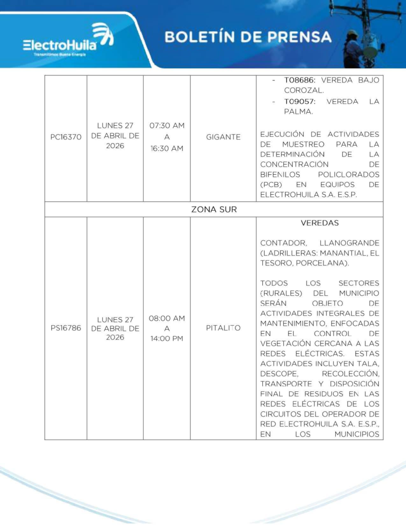 Suspenderán servicio de energía eléctrica en 16 municipios del Huila 3