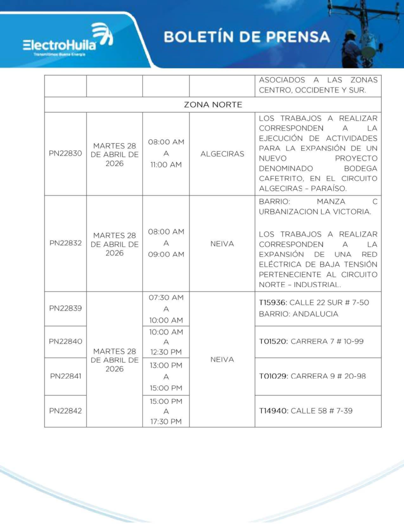Suspenderán servicio de energía eléctrica en 16 municipios del Huila 4