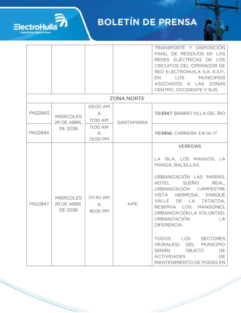 Suspenderán servicio de energía eléctrica en 16 municipios del Huila 7