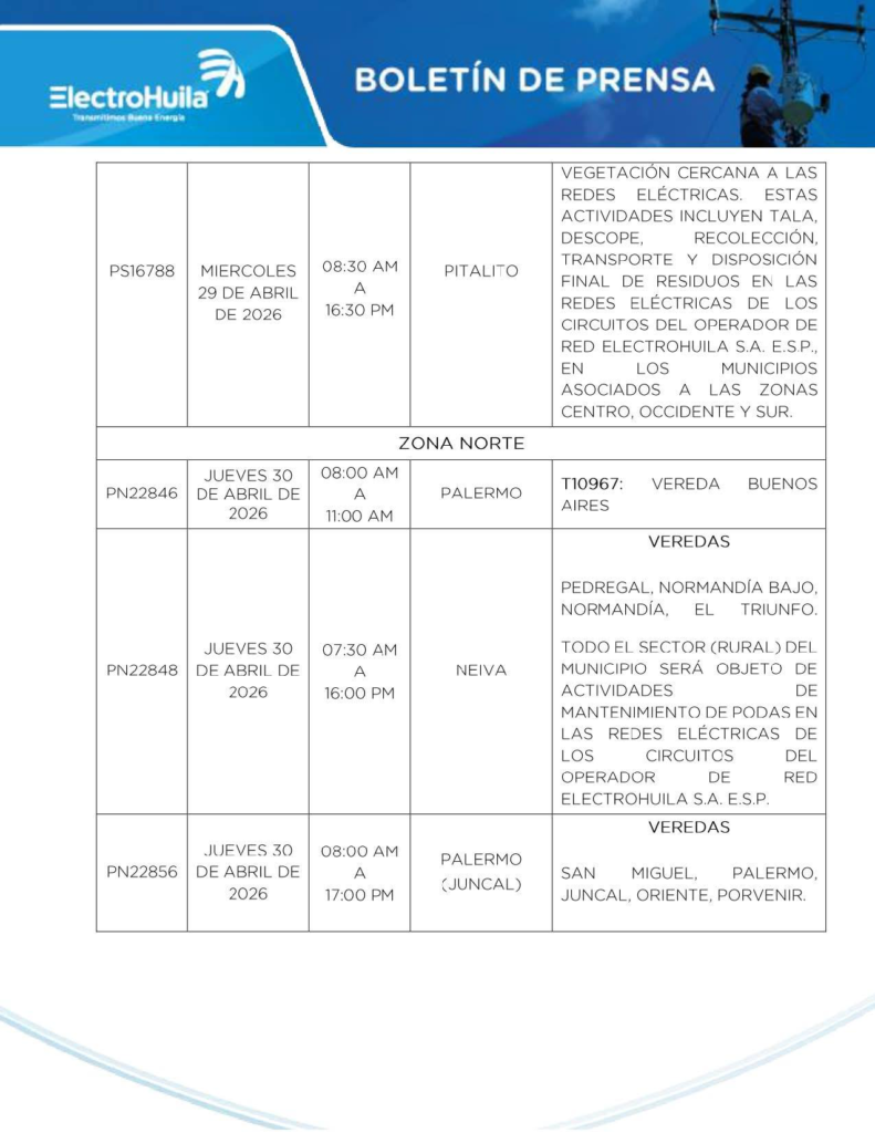 Suspenderán servicio de energía eléctrica en 16 municipios del Huila 11