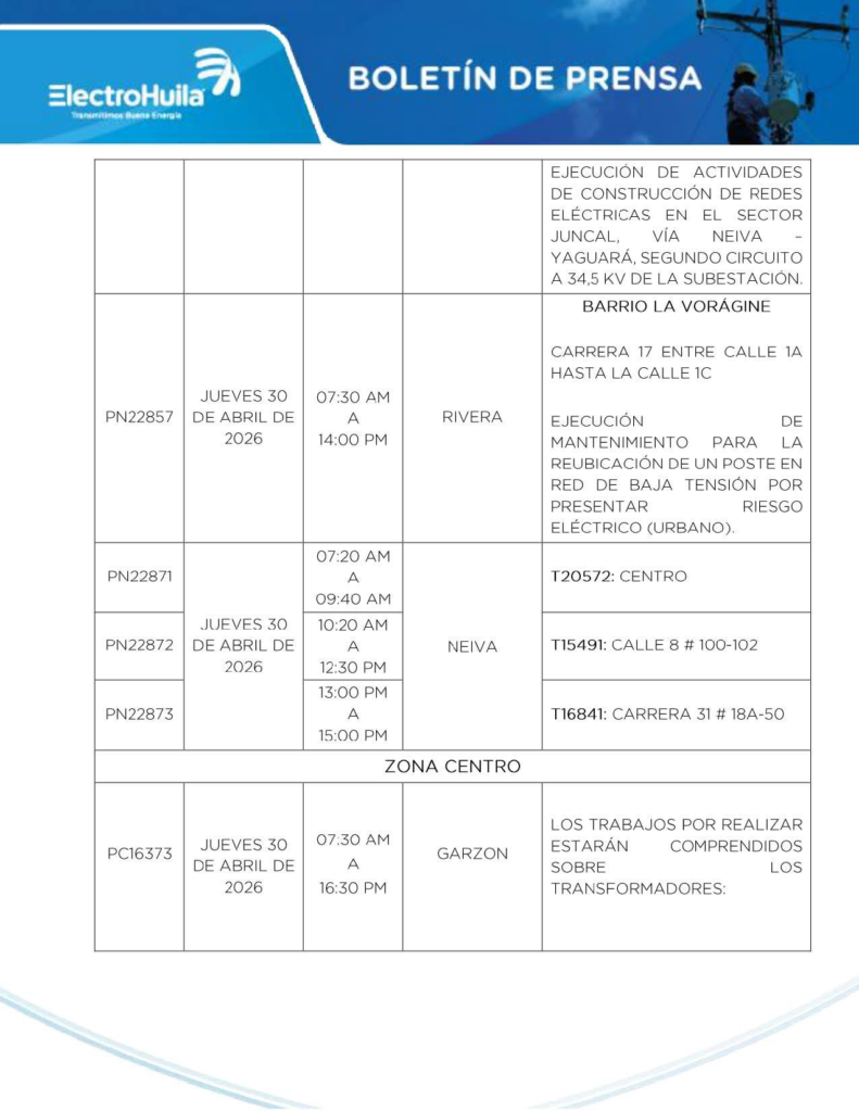Suspenderán servicio de energía eléctrica en 16 municipios del Huila 12