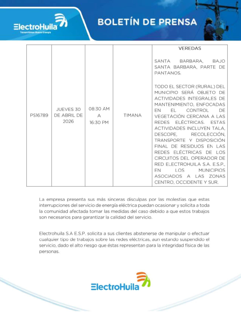 Suspenderán servicio de energía eléctrica en 16 municipios del Huila 14
