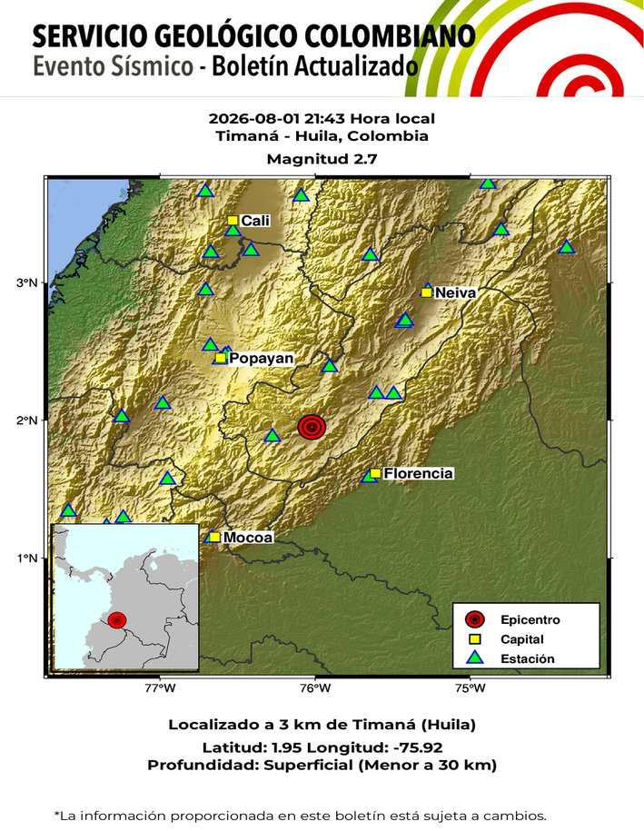 Reportado movimiento telúrico con epicentro en Timaná 1