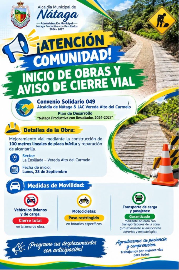 Nueva obra de pavimentación vial inicia en el municipio de Nátaga 1